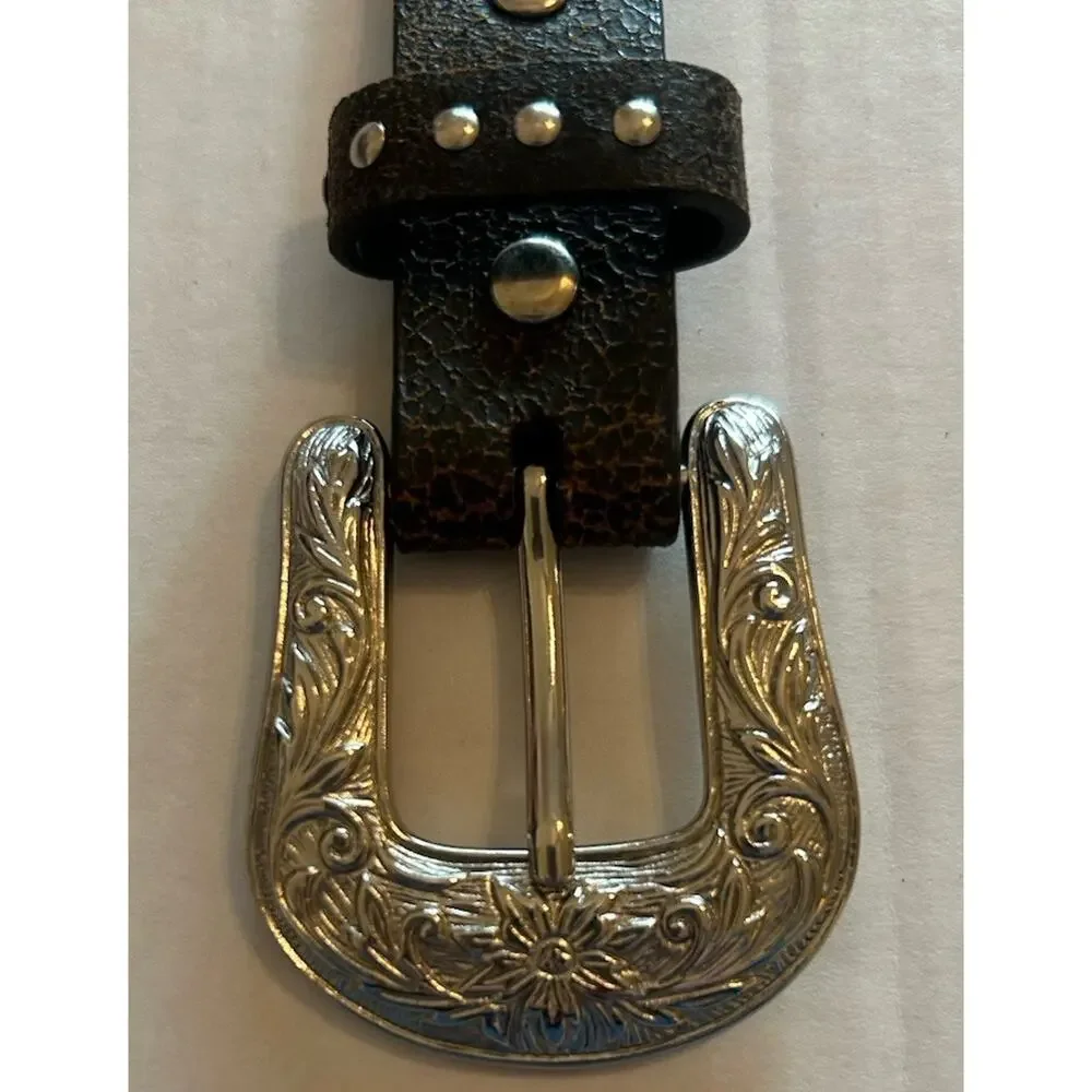 NOCONA Womens Western Belt Sz 28 Brown Leather‎ Studded Pink Heart Silver Buckle
